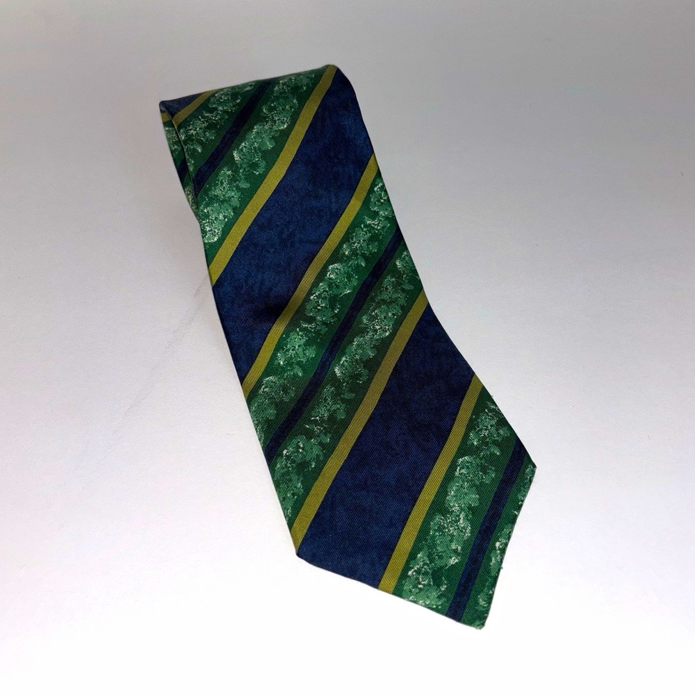 NWT Christian Dior Monsieur Green Blue Gold Striped Designer Silk Point Neck Tie